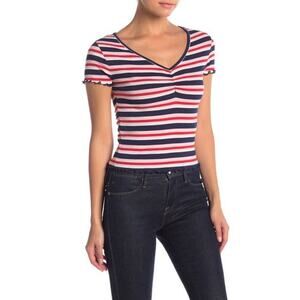 GOOD LUCK GEM Lettuce Trim V Neck Cropped Tee Red White Blue Pink XL women’s